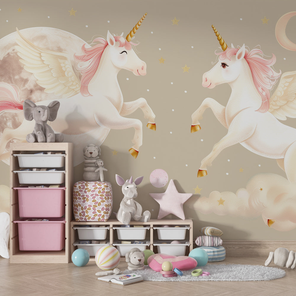 Enchanting unicorn mural wallpaper with pink and gold tones in children's playroom