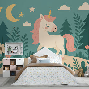 Fantasy unicorn mural wallpaper inspiring imaginative play in kids playroom
