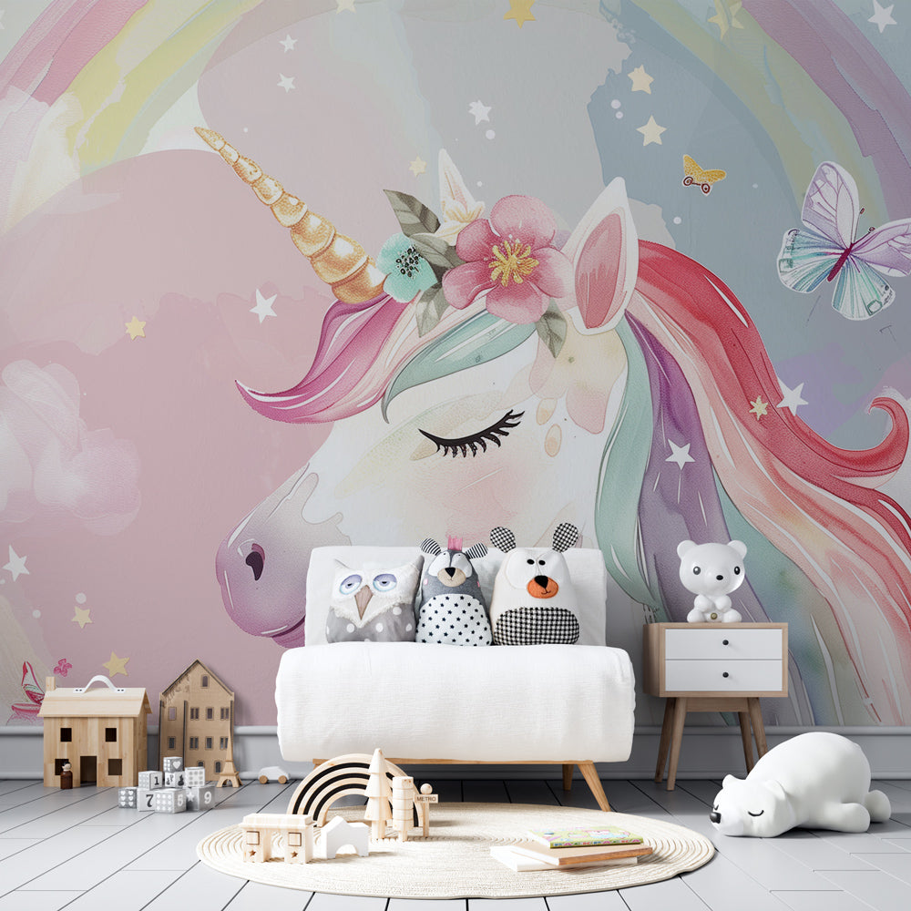 Pastel unicorn and butterfly mural wallpaper transforming children's playroom into fairy tale space