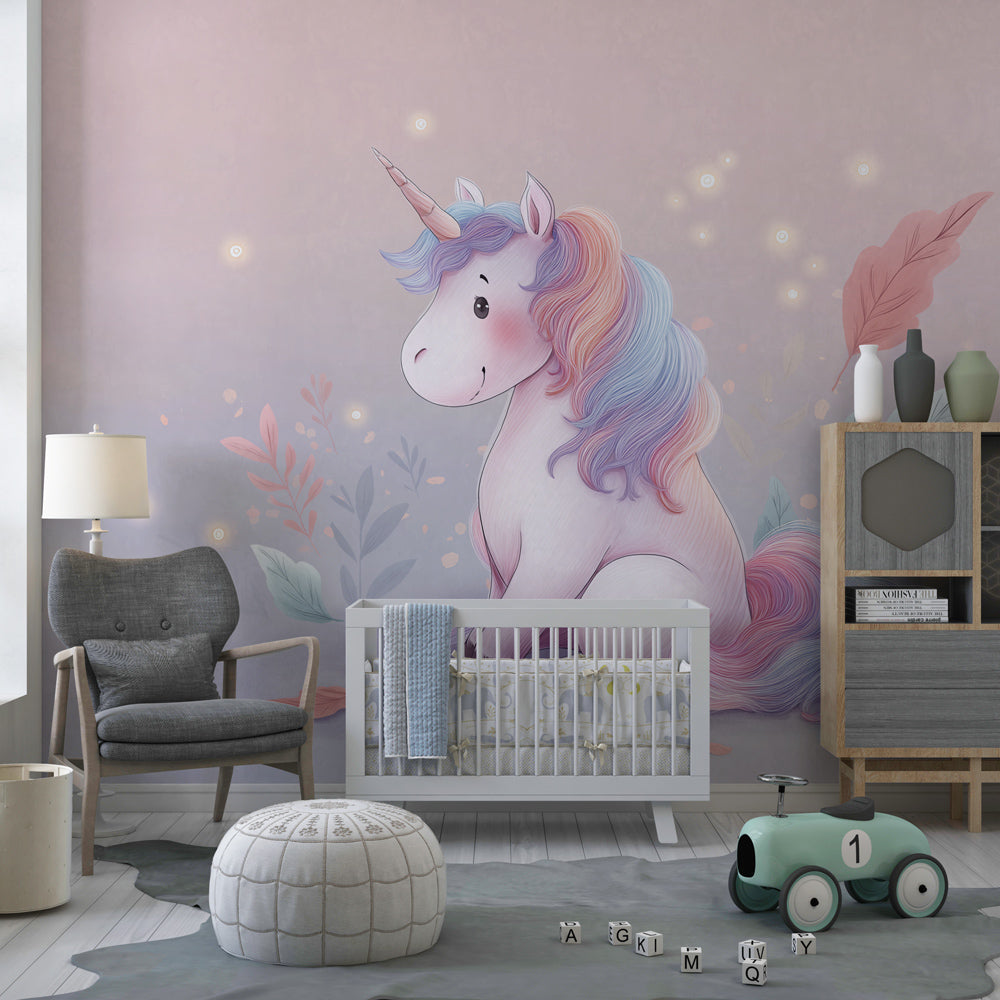 Whimsical unicorn mural wallpaper for children's playroom featuring dreamy pastel fantasy theme