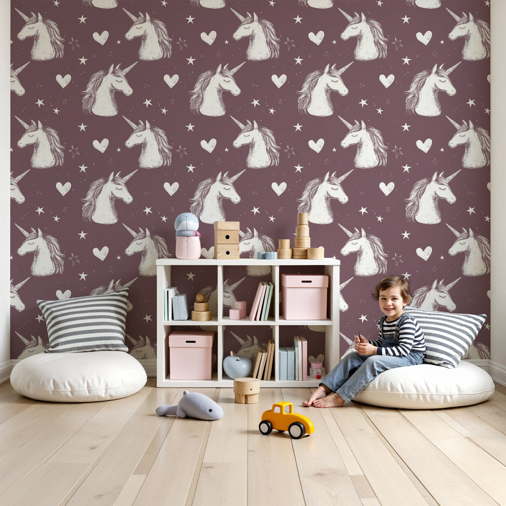Purple unicorn mural wallpaper with stars creating magical nursery decor by Kids-Mundo