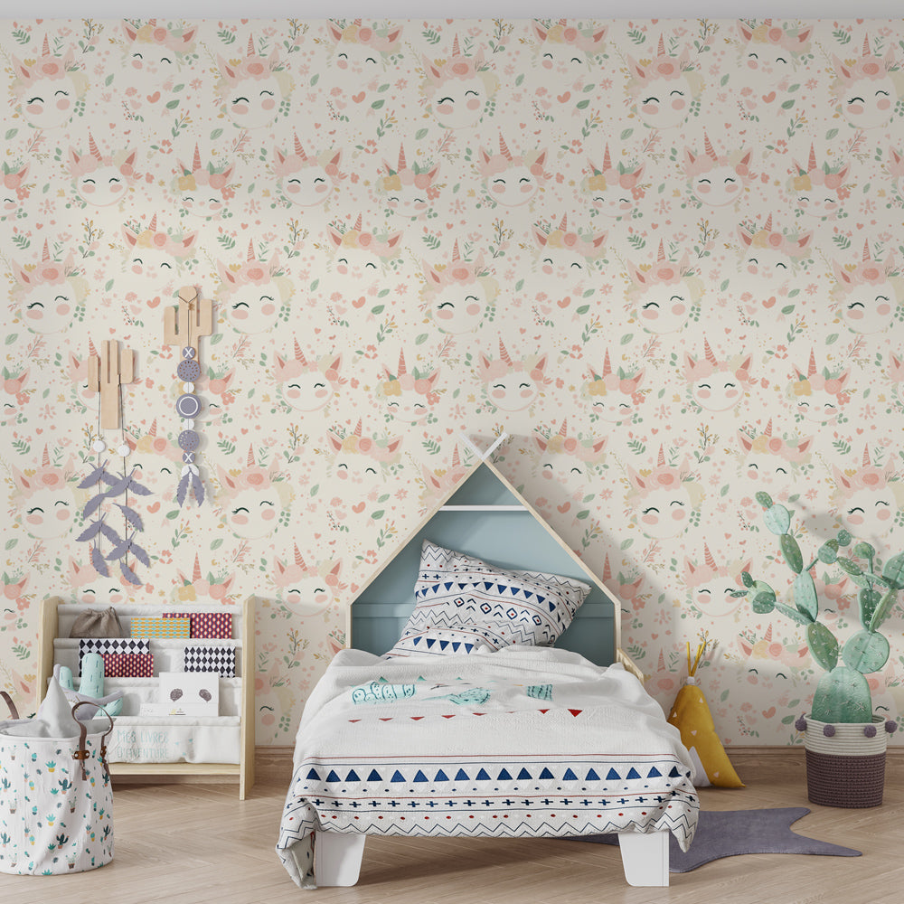 Whimsical unicorn mural wallpaper with delicate flowers in modern kids room by Kids-Mundo