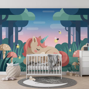 Magical unicorn forest wallpaper creating dreamy atmosphere in children's bedroom decor