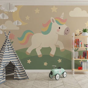 Dreamy unicorn mural wallpaper with stars and moon in toddler's room decor