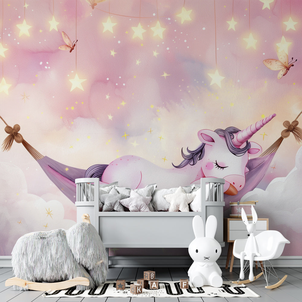 Fantasy unicorn mural wallpaper with stars transforming toddler room into magical space