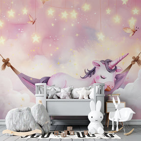 Fantasy unicorn mural wallpaper with stars transforming toddler room into magical space