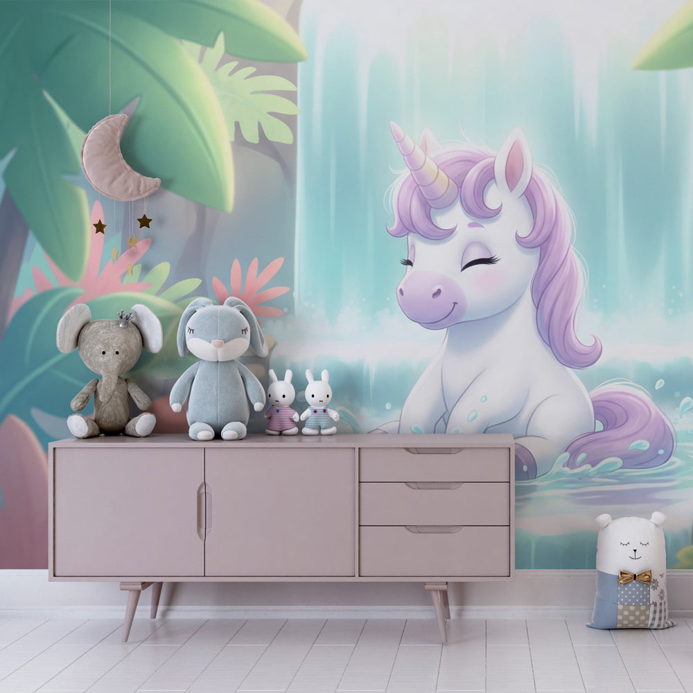 Tropical unicorn mural wallpaper with lush foliage and cascading waterfall for kids room