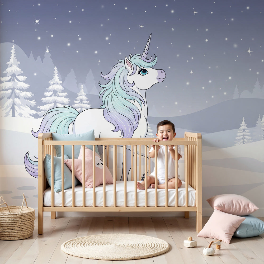 Magical unicorn mural wallpaper creating enchanted winter wonderland in children's bedroom by Kids-Mundo