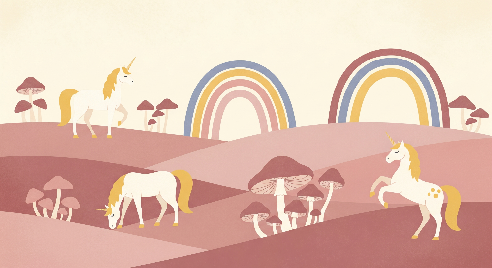 Unicorns and Mushrooms in a Pastel Rainbow Meadow Wall Mural