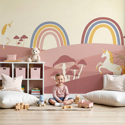 Nursery wall with the Kids-Mundo unicorn and mushroom rainbow meadow wall mural behind a crib