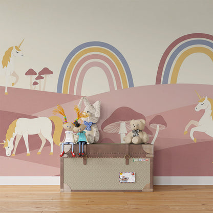 Playroom styled with the Kids-Mundo unicorn mushroom rainbow meadow wall mural on the main wall