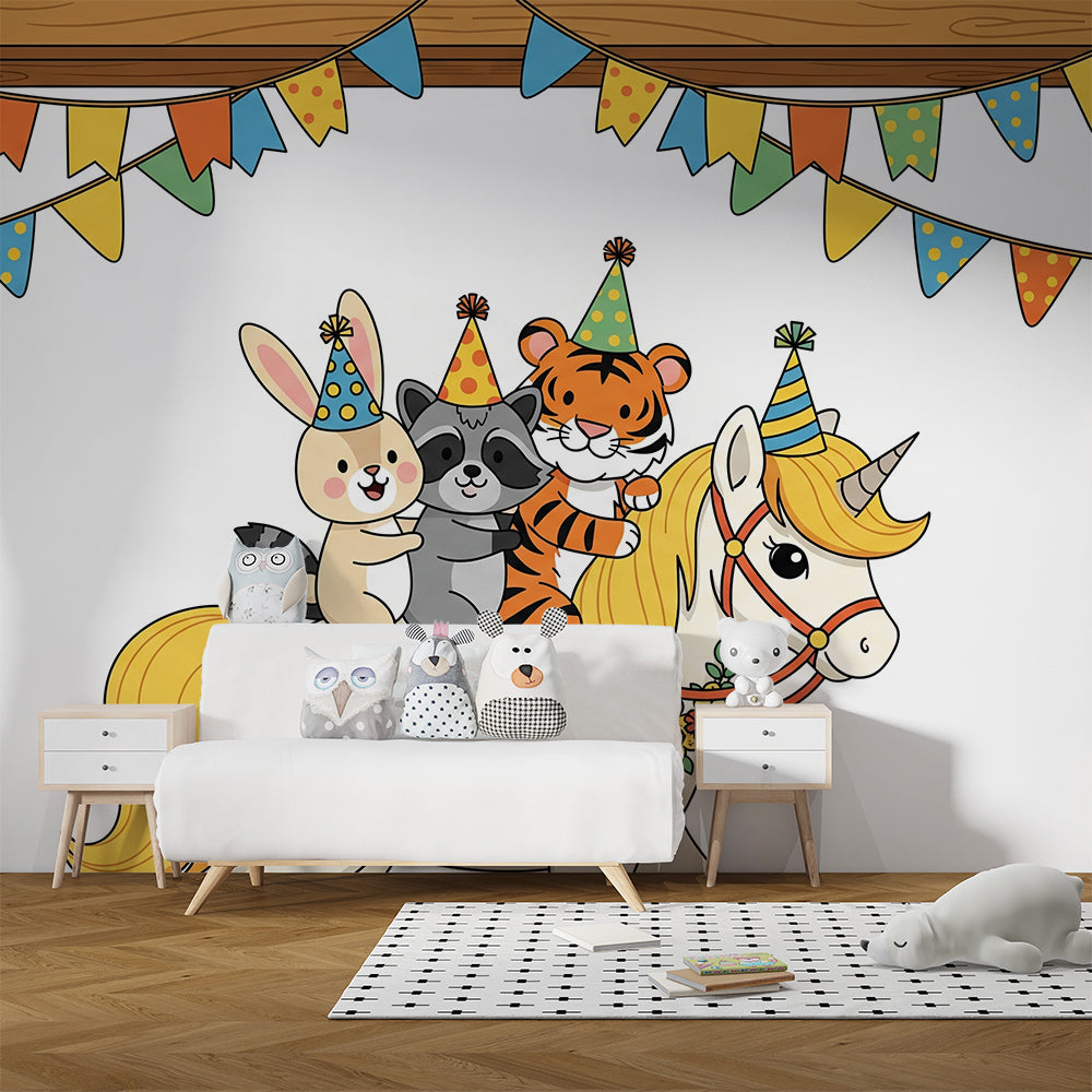 Kids-Mundo party unicorn and animal friends mural covering a feature wall in a child's bedroom