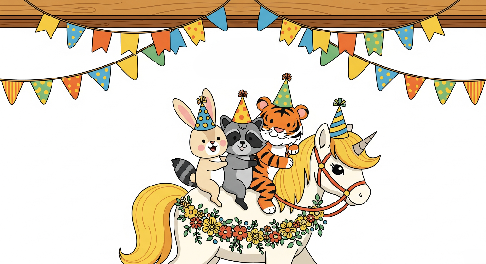 Kids-Mundo flat artwork of a garlanded unicorn carrying a bunny, raccoon and tiger in party hats