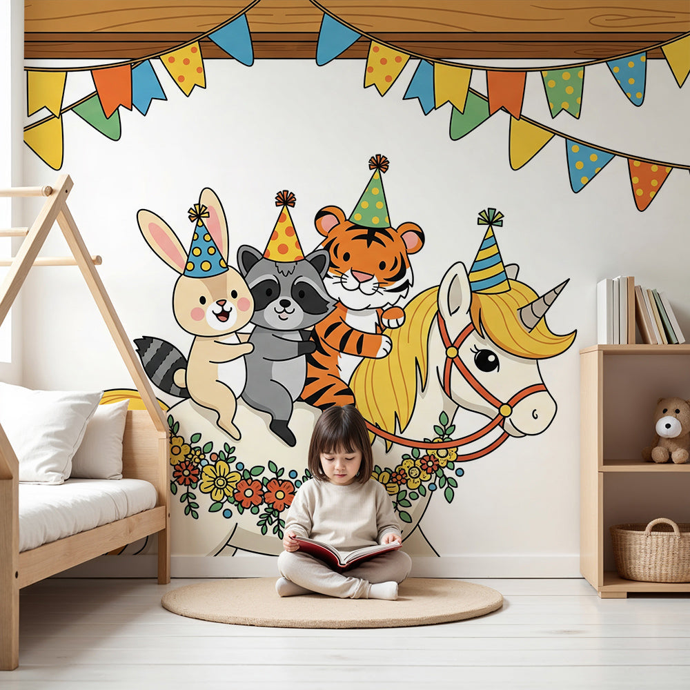 Kids-Mundo unicorn birthday party animal friends wall mural fitted above a cot in a warm-toned nursery