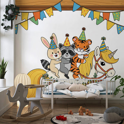 Kids-Mundo unicorn party animals mural bringing bunting and colour to a children's playroom