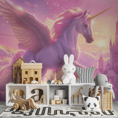 Kids-Mundo unicorn wall mural adding fantasy charm to a children's playroom wall
