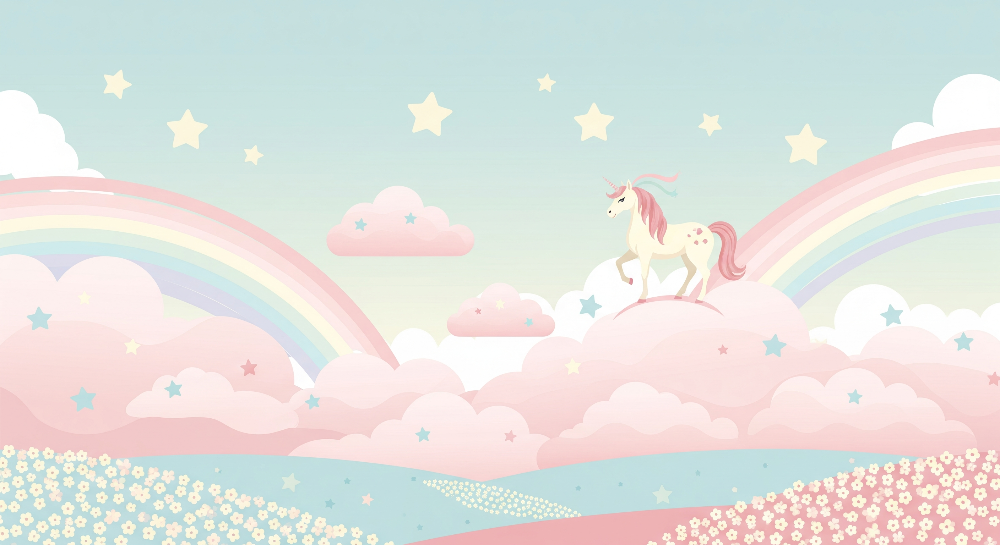 Flat artwork of the Kids-Mundo pastel unicorn standing on pink clouds beneath a double rainbow