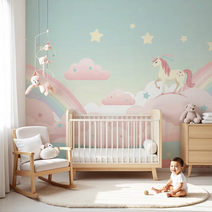 Nursery wall featuring the Kids-Mundo pastel unicorn and pink cloud rainbow wall mural above a cot