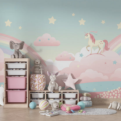 Playroom corner decorated with the Kids-Mundo pastel unicorn and rainbow wall mural design