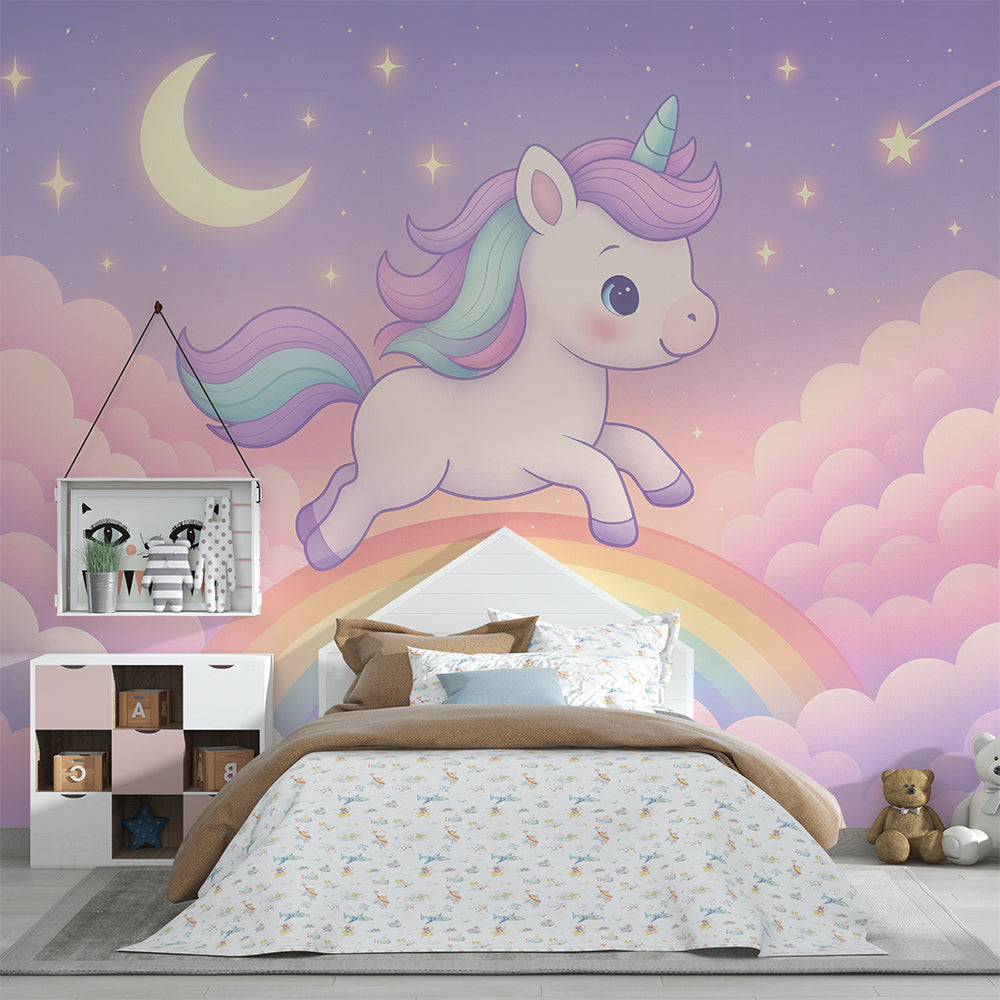 Kids-Mundo unicorn and rainbow wall mural above a bed in a kids bedroom