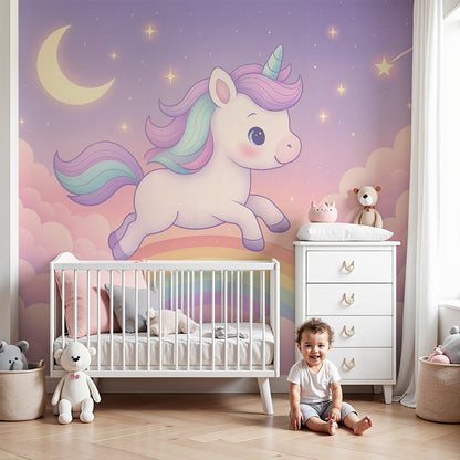 Kids-Mundo magical unicorn rainbow wall mural covering a nursery feature wall