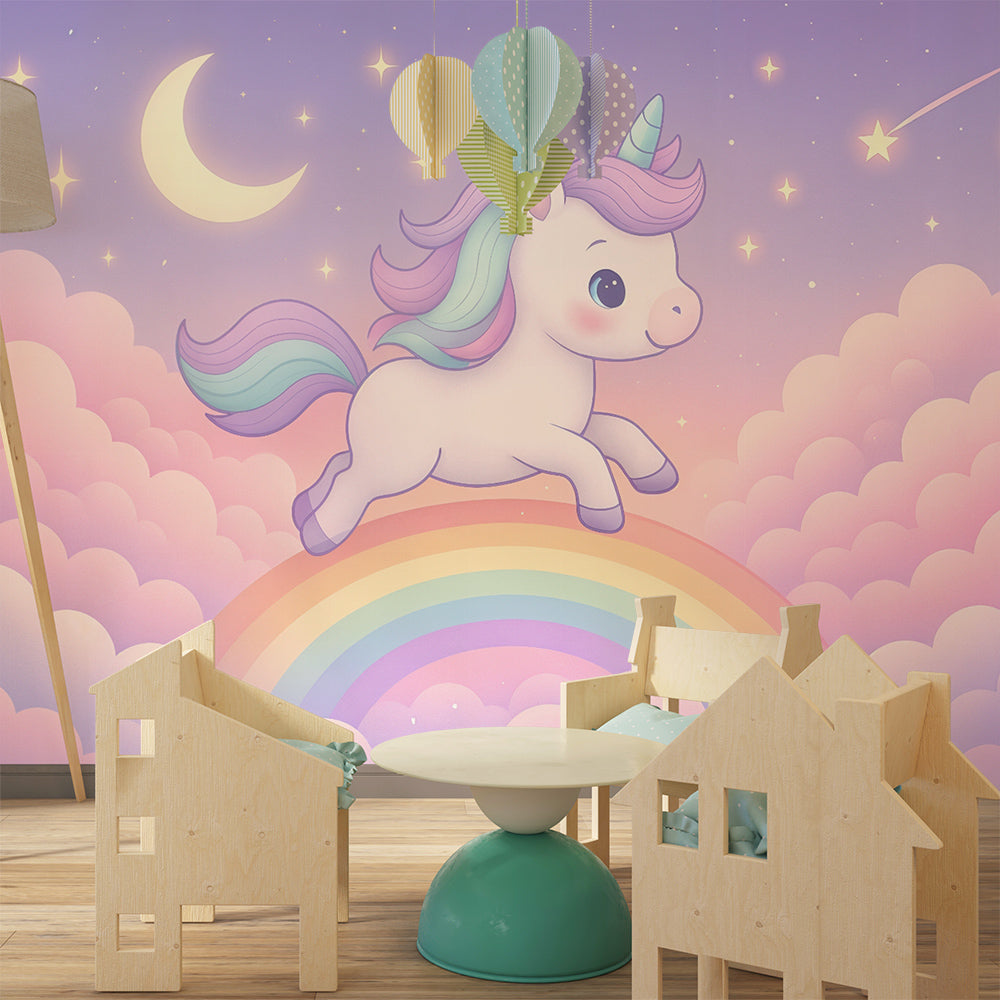 Kids-Mundo unicorn rainbow clouds wall mural on the back wall of a playroom