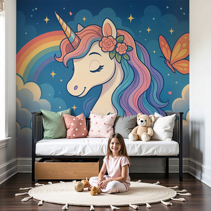 Kids-Mundo unicorn and rainbow wall mural styled behind a cot in a soft, dreamy nursery