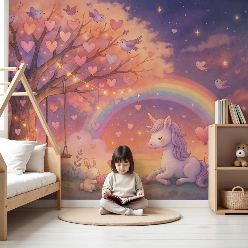 Kids-Mundo unicorn and rainbow wall mural with a fairytale tree styled in a soft pastel nursery