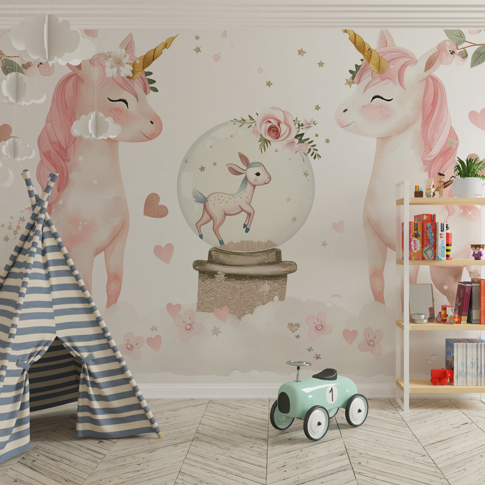 Kids-Mundo unicorn snow globe wall mural in a girls' bedroom feature wall
