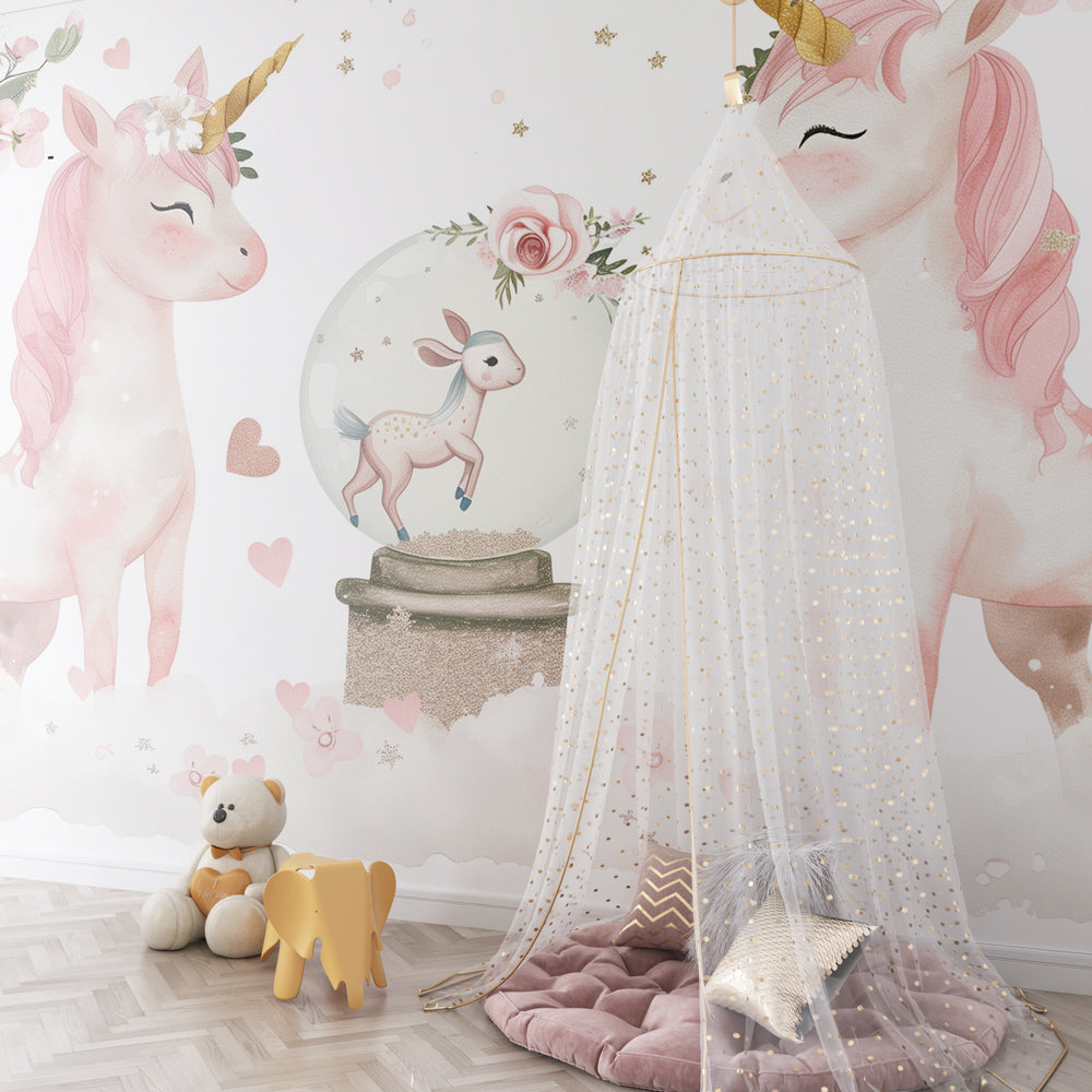 Kids-Mundo unicorn wall mural bringing pastel magic to a children's playroom