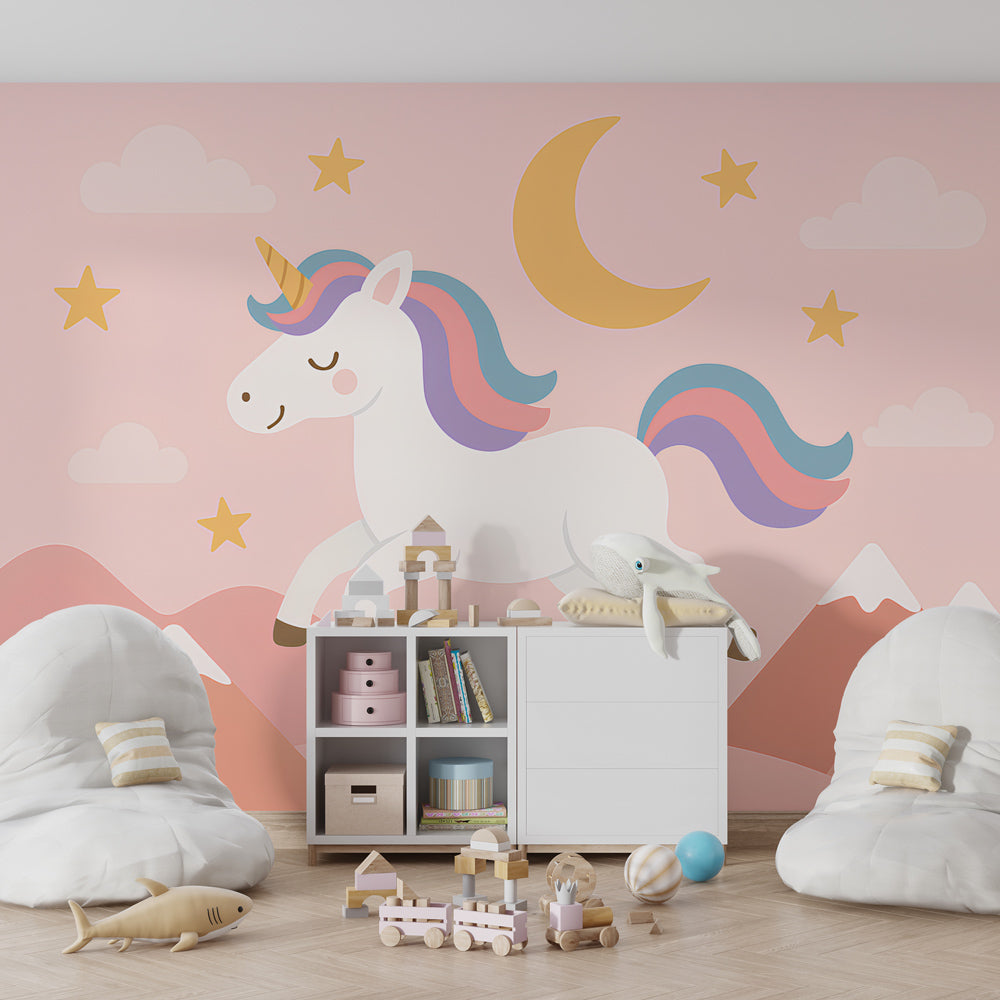 Kids-Mundo pink unicorn wall mural covering a wall in a toddler's pastel bedroom