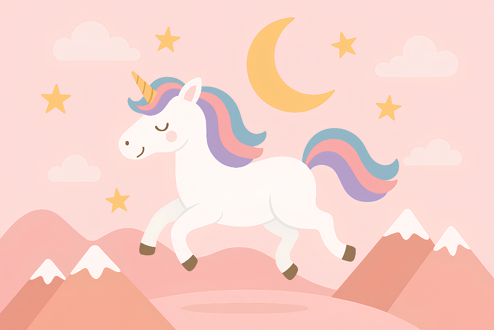 Kids-Mundo flat artwork of the starry pink unicorn wall mural design with moon and stars