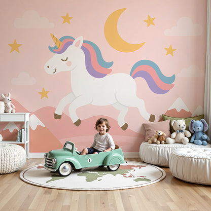 Kids-Mundo starry pink unicorn wall mural fitted behind a cot in a warm baby nursery