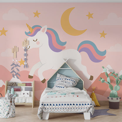 Kids-Mundo starry unicorn wall mural brightening a playroom corner with soft toys