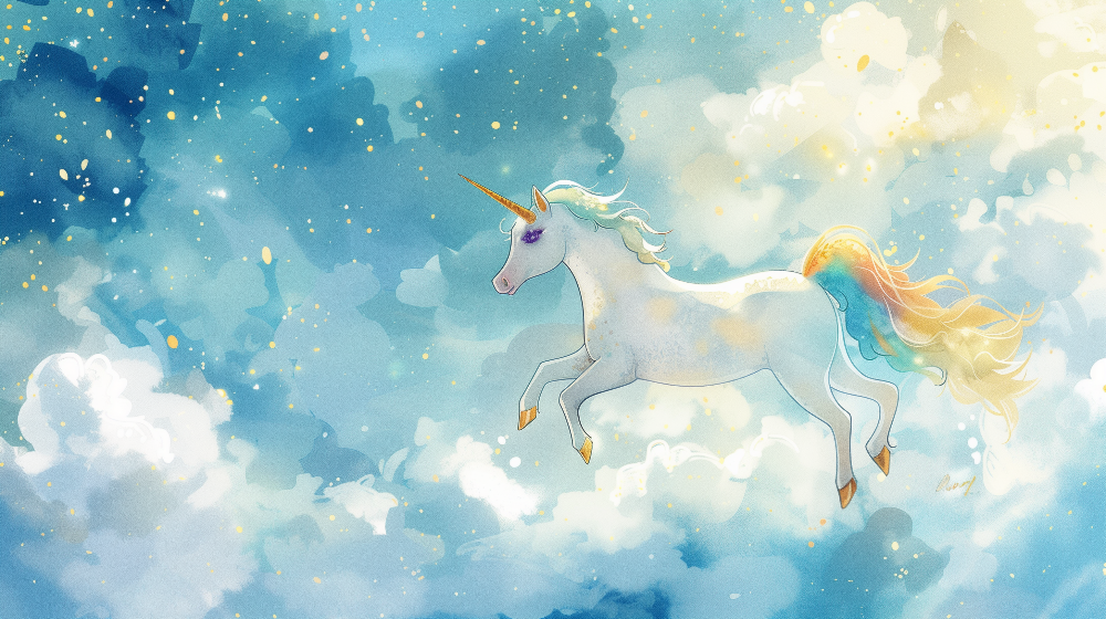 Kids-Mundo flat artwork of a rainbow-maned unicorn leaping through a starry blue sky.