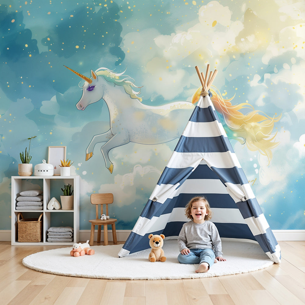 Kids-Mundo unicorn wall mural in a magical starry sky, made to measure for a nursery.