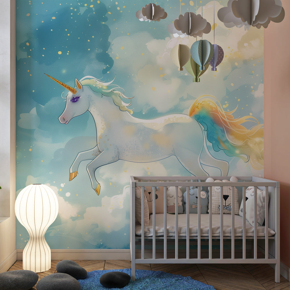 Kids-Mundo magical unicorn wall mural bringing sparkle to a children's playroom wall.