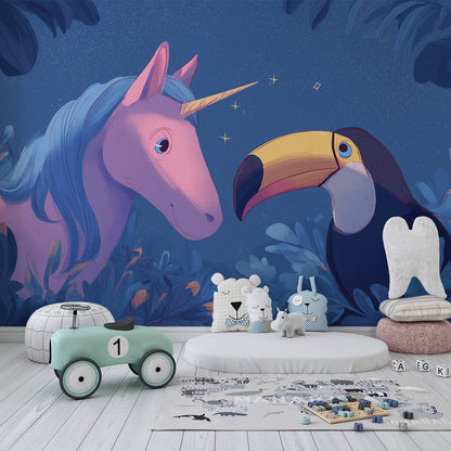 Kids-Mundo unicorn and toucan wall mural covering a feature wall in a child's bedroom.