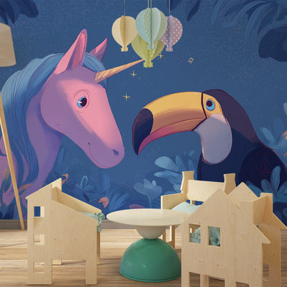 Kids-Mundo unicorn and toucan wall mural brightening a playroom wall beside toy shelves.
