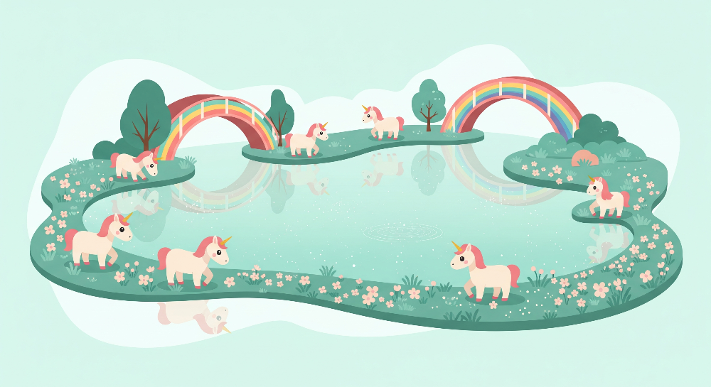Kids-Mundo flat artwork of unicorns beside a mint lake with two rainbow bridges.