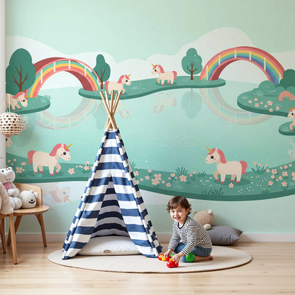 Kids-Mundo unicorn and rainbow lake wall mural styled in a soft mint nursery room.
