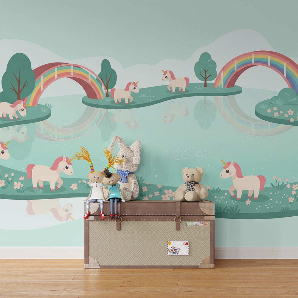 Kids-Mundo unicorn and rainbow lake wall mural filling a playroom with gentle magic.
