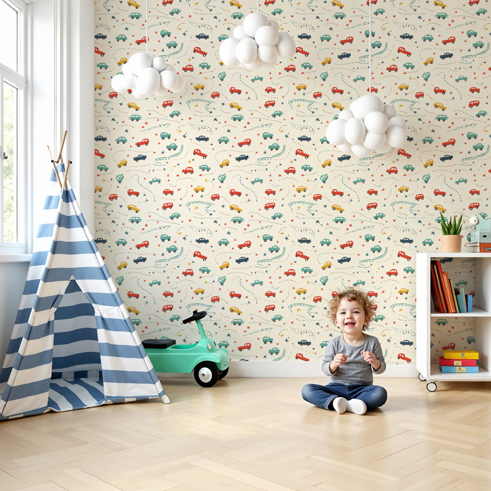 Colorful vehicle mural wallpaper in modern nursery with playful car designs by Kids-Mundo