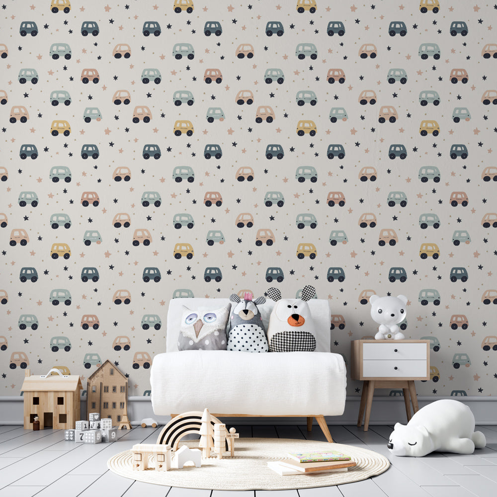 Colorful vehicle wallpaper transforming children's bedroom with gentle car motifs and stars
