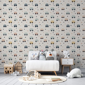 Colorful vehicle wallpaper transforming children's bedroom with gentle car motifs and stars