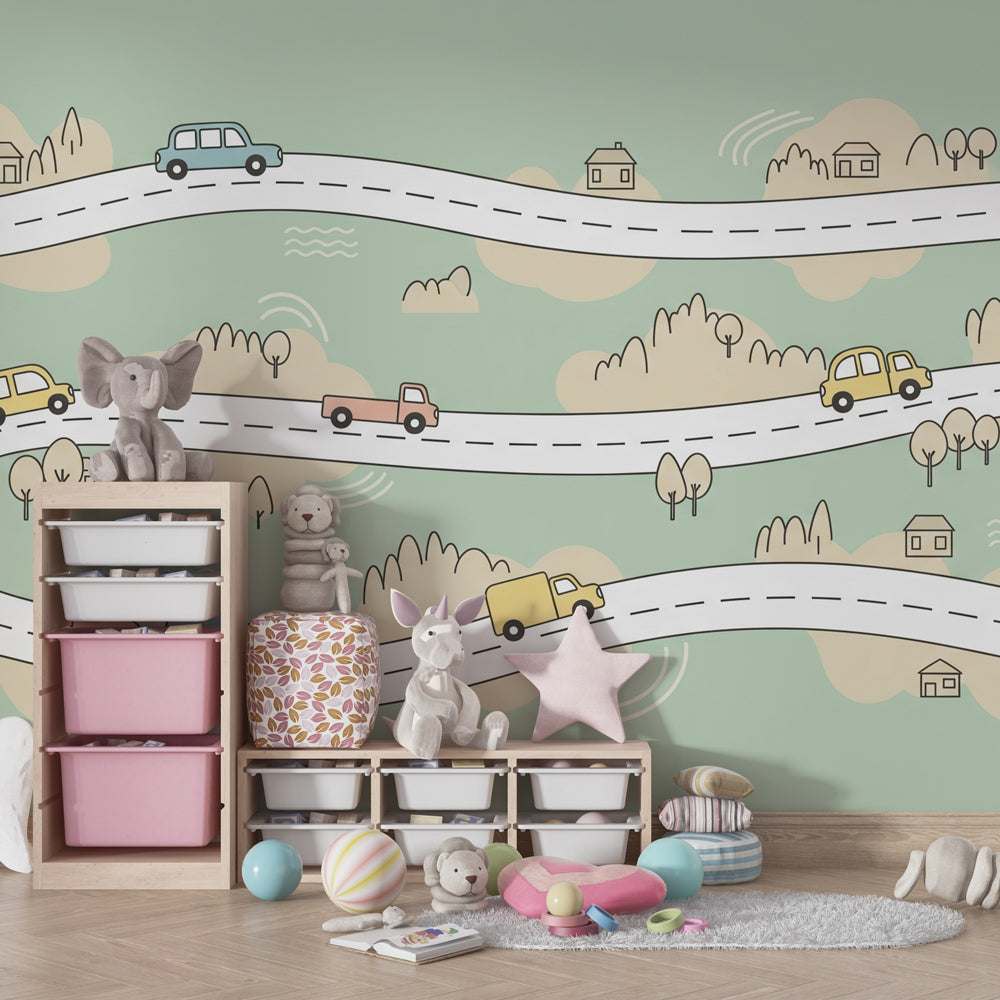 Vehicle themed mural wallpaper transforming children's bedroom with cars and trucks by Kids-Mundo