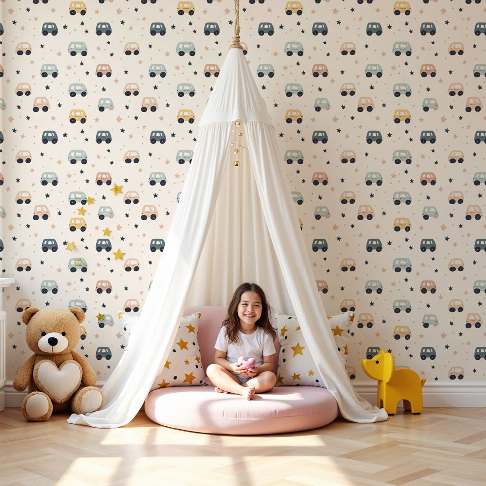Vehicle mural wallpaper with soft colored cars creating cozy nursery atmosphere by Kids-Mundo