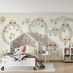 Interactive vehicle wallpaper creating engaging playroom atmosphere for children
