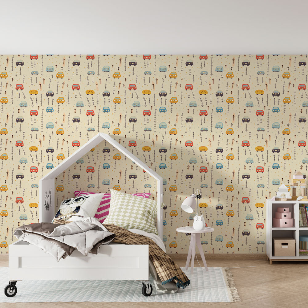 Transportation themed mural wallpaper with colorful cars decorating children's bedroom walls