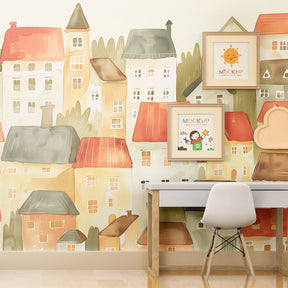Pastel village wallpaper creating dreamy atmosphere in children's bedroom decor
